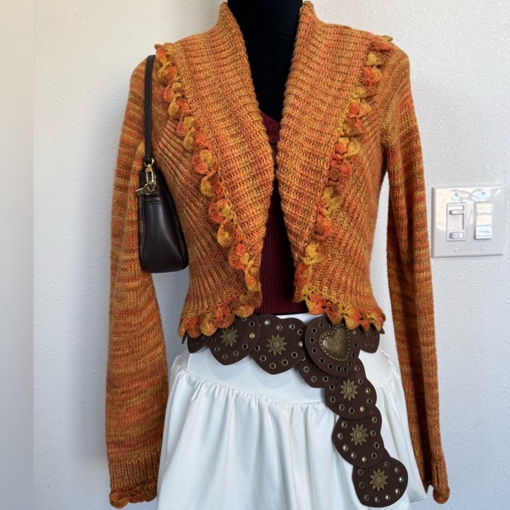 Hand-Knit Boho Cropped Cardigan Sweater small size - Picture 2 of 6